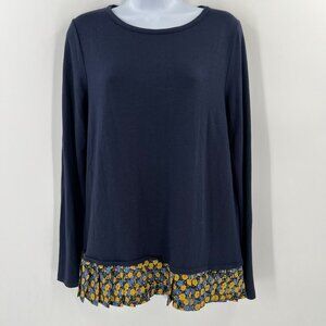 J.Crew M Mixed-Media Top Navy Knit Floral Pleated Hem Long Sleeve Sweater